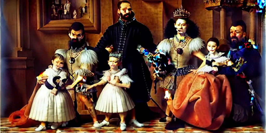 Image similar to A Spanish King with his queen and one young daughter, inside the morning room of their palace, a Yorkshire Terrier is at the arms of the king, very detailed, intricate, smooth, 8 k masterpiece, art by Velasquez, art by Rubens, art by Caravaggio