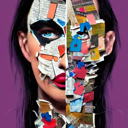 Image similar to a painting of a woman's face with pieces of torn-up pages of superhero comic books on her face, a surrealist painting, behance contest winner, pop surrealism, surrealist, detailed painting, poster art