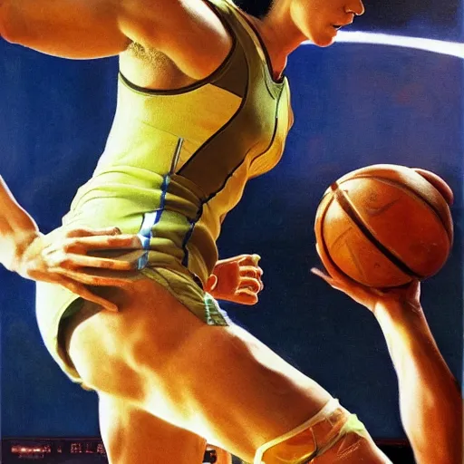 Image similar to samus aran playing basketball, extremely detailed masterpiece, roger deakin ’ s cinematography, oil on canvas, norman rockwell.