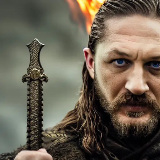 Prompt: A cinematic film still of Tom Hardy starring as Eddard Stark, he is holding a sword made of flame, portrait, 40mm lens, shallow depth of field, split lighting, cinematic