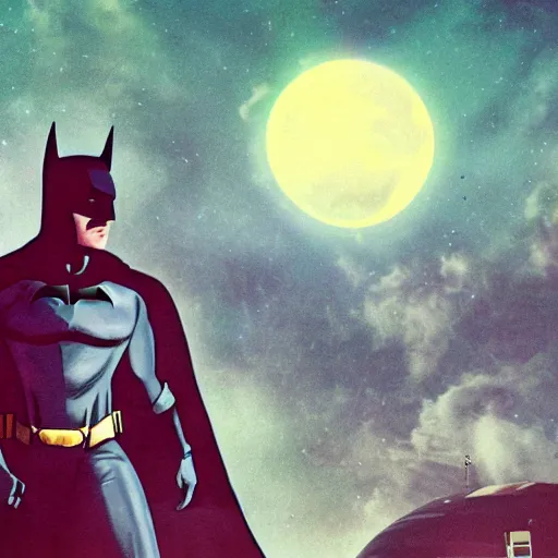 Prompt: batman watching a ufo land, planets in the sky