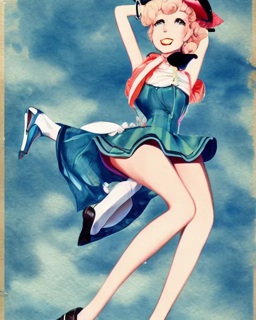 Image similar to Hatsune Miku full body pin up modeling in idol unioform, with a park in the back ground, post war style, detailed face, watercolor art style, by Gil Elvgren