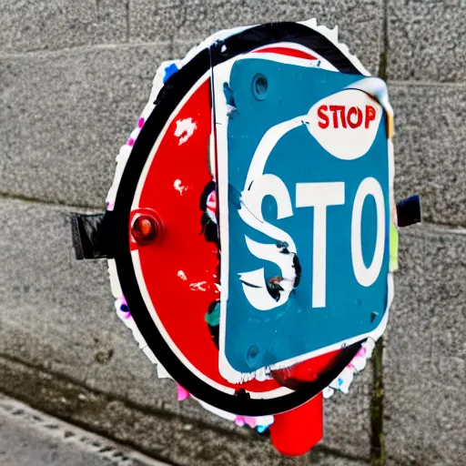 Image similar to stop sign covered in various stickers and spray paint art at a busy street corner