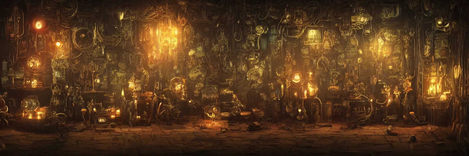 Image similar to tapestries of dreams, ultra detailed, dark, steampunk, moody, candles, neon signs, infographic, characters from machinarium, by don bluth, trending on artstation, octane render