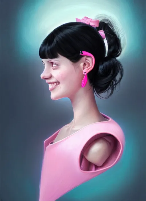 Image similar to portrait of high school girl, realistic, black hair, bangs, half updo hairstyle, pointy nose, skinny, smile, ugly, defined jawline, big chin, pink hair bow, earrings, intricate, elegant, glowing lights, highly detailed, digital painting, artstation, sharp focus, illustration, art by wlop, mars ravelo and greg rutkowski