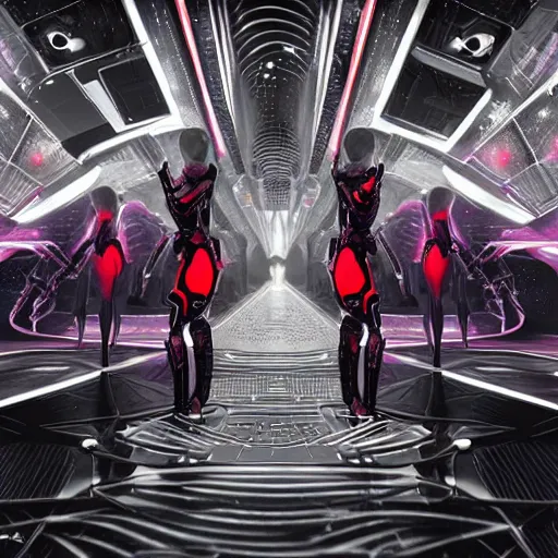 Image similar to ultra realist soft painting render of the inside of a futuristic bar, beautiful cyberwear armored cyborg dancers, crowded silhouettes, symmetry accurate features, very intricate details, black white red purple color palette, masterpiece award winning, cinematic lighting, focus, tom bagshaw artstyle
