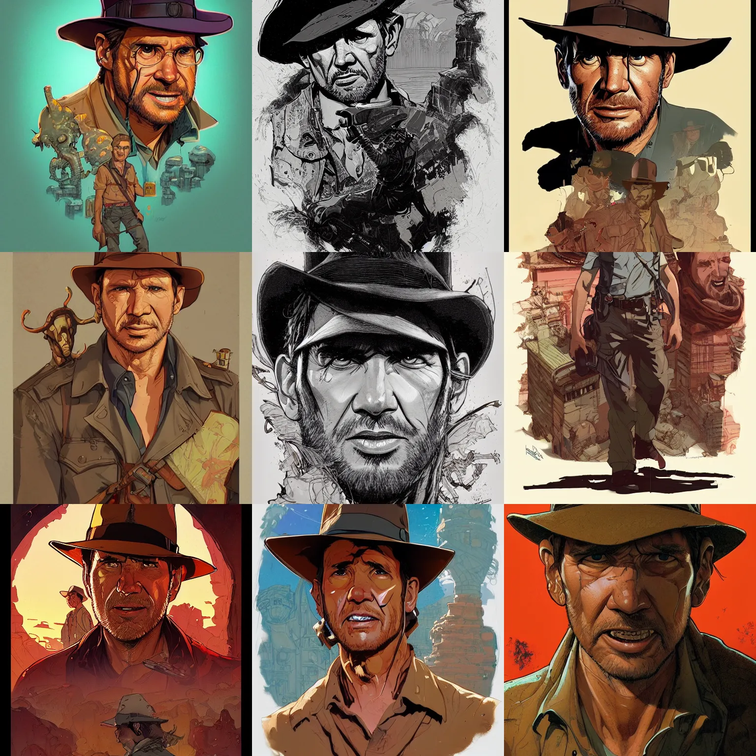 Prompt: a study of cell shaded portrait of Indiana Jones concept art, llustration, post grunge, concept art by josan gonzales and wlop, by james jean, Victo ngai, David Rubín, Mike Mignola, Laurie Greasley, highly detailed, sharp focus, alien, Trending on Artstation, HQ, deviantart, art by artgem