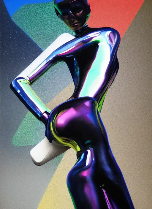 Image similar to futuristic lasers tracing, colorsmoke, leather fullbodysuit, pyramid hoodvisor, raindrops, wet, oiled, beautiful cyborg girl, by steven meisel, kaws, rolf armstrong, mondrian, kandinsky, perfect geometry abstract acrylic, octane hyperrealism photorealistic airbrush collage painting, dark monochrome, fluorescent colors, minimalist rule of thirds, eighties eros