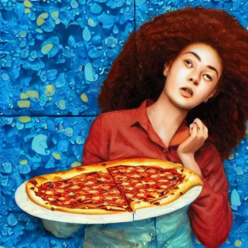 Prompt: A beautiful assemblage of a young lady with a serious case of the munchies, eating an entire pizza while sitting in front of an open refrigerator. azulejo, autumn by Mordecai Ardon, by Mark Keathley, by Kim Jung Gi composed
