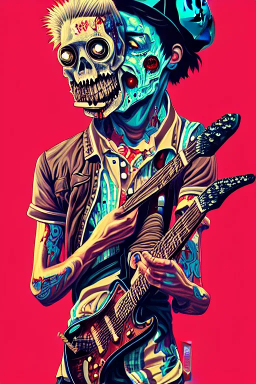 Prompt: a zombie punk rocker playing electric guitar, tristan eaton, victo ngai, artgerm, rhads, ross draws