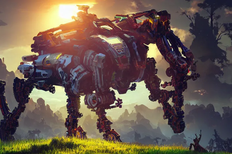 Image similar to grazer machine mecanical creature robot of horizon forbidden west horizon zero dawn bioluminiscence global illumination ray tracing hdr fanart arstation by ian pesty and alena aenami artworks in 4 k