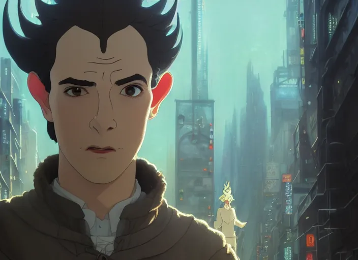 Image similar to a film still portrait of seinfeld elven king, finely detailed features, closeup of face, cinematic lighting, perfect art, night cyberpunk city, intricate, anime, gapmoe grimdark, artstation, trending on pixiv fanbox, painted by greg rutkowski makoto shinkai takashi takeuchi studio ghibli, akihiko yoshida, 4 k