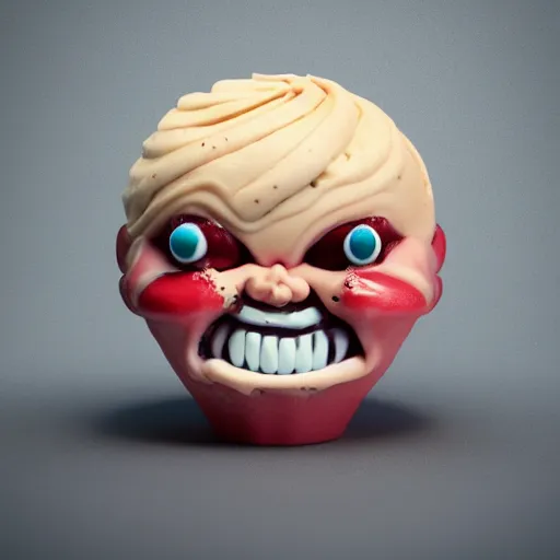 Image similar to ice cream cupcake shaped like screaming chucky doll, octane render, centered, highly detailed