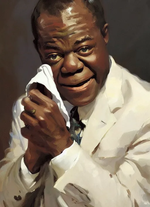 Image similar to a portrait of louis armstrong holding a white handkerchief, by greg manchess and john singer sargent and jonathan yeo, dramatic lighting, highly detailed digital painting