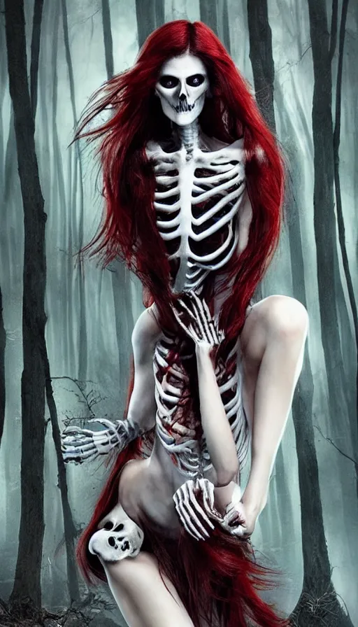 Image similar to photo woman skeleton body!!, in a dark forest, black bones!!, covered with blood, alexandra daddario face!!, long red hair, black heavy eyeliner, blue eyes, realistic, sharp focus, 8 k high definition, insanely detailed, intricate, elegant, art by stanley lau and artgerm, luis royo, greg kutkowski