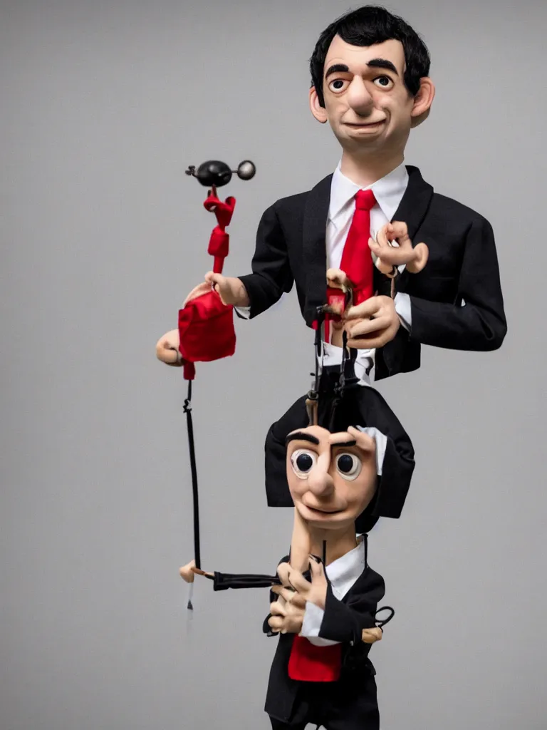 Prompt: close up photograph of nathan fielder from nathan for you behind a puppet stage with a red curtain controlling a single marionette by the strings, high detail, 8 k, photorealism, sharp focus, volumetric lighting