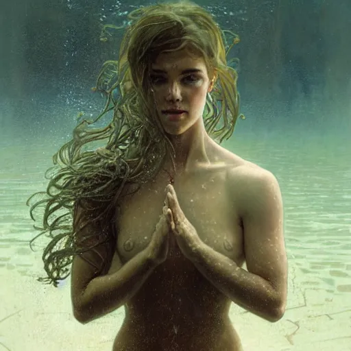 Image similar to a photograph of a creature made out of a humanoid nervous system submerged in the water, cinematic, volumetric lighting, f 8 aperture, cinematic eastman 5 3 8 4 film, photorealistic by greg rutkowski, by stanley artgerm, by alphonse mucha