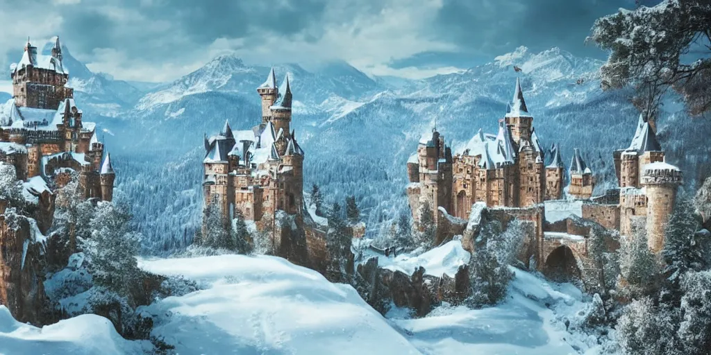 Prompt: a large castle amidst snowy mountain tops,lots of details,intricate,bridges,impossible,landscape,beautiful,a signpost on the foreground