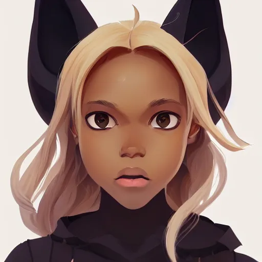 Image similar to portrait of a dark skinned woman with blonde hair and fox ears, wings, highly detailed, digital painting, artstation, matte, by makoto shinkai, animation style, studio ghibli, anime key visual