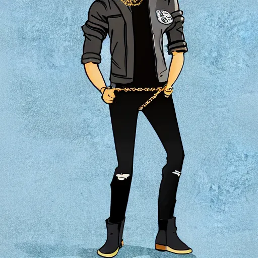 Prompt: really cool guy standing, wearing a leather jacket, gold chains and a white t shirt, jeans and boots, cartoon drawing, high detail, characture, attitude, personality, street vibes