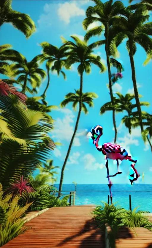 Image similar to unreal engine 5 8 k uhd render of an flamingocore tropicalwave junglepunk abstrafractalmancer, photorealistic, animal photography, photo safari, fashion shoot, lush tropical surroundings, volumetric lighting, sunlight, 1 0 5 mm lens