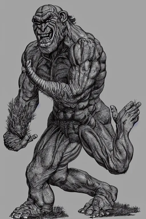 Image similar to humanoid hunched figure troll with 1 horn, ogre, ape, highly detailed, digital art, sharp focus, trending on art station, kentaro miura manga art style