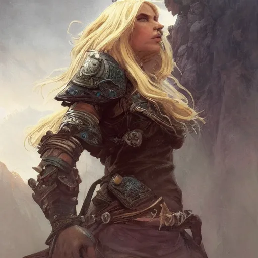 Image similar to closeup portrait of an artificer, dungeons and dragons character, dramatic lighting, female warrior, beown hair, castle background, gorgeous view, realistic, high detail, digital art, painted by greg rutkowski, painted by jeremy mann, painted by alphonse mucha, trending on artstation