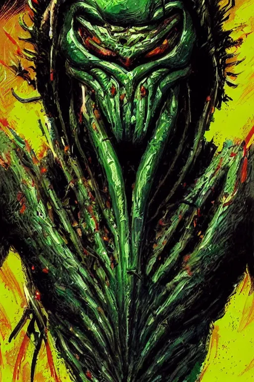 Image similar to pierre emmanuel saubade turned into the predator from 1 9 8 6 movie, artstation, concept art, smooth, sharp focus ilustration hq, painting in the style of leroy neiman, green tones