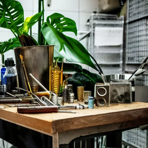 Prompt: A close-up shot of a metal table with laboratory tools and materials in an abandoned biopunk laboratory, plants everywhere, jungle themed, monstera, life,