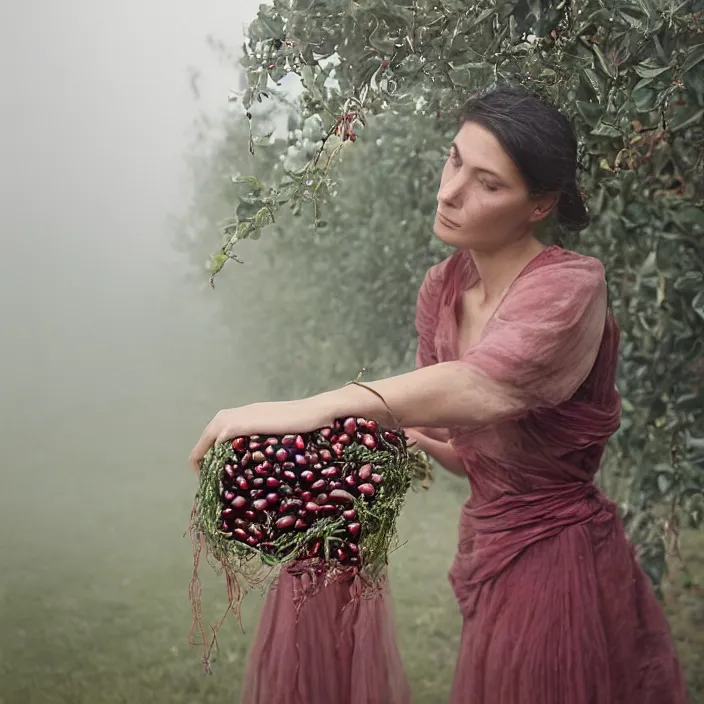 Image similar to a closeup portrait of a woman wearing a dress made of tangled twisted knotted iridescent ribbon, picking pomegranates from a tree in an orchard, foggy, moody, photograph, by vincent desiderio, canon eos c 3 0 0, ƒ 1. 8, 3 5 mm, 8 k, medium - format print