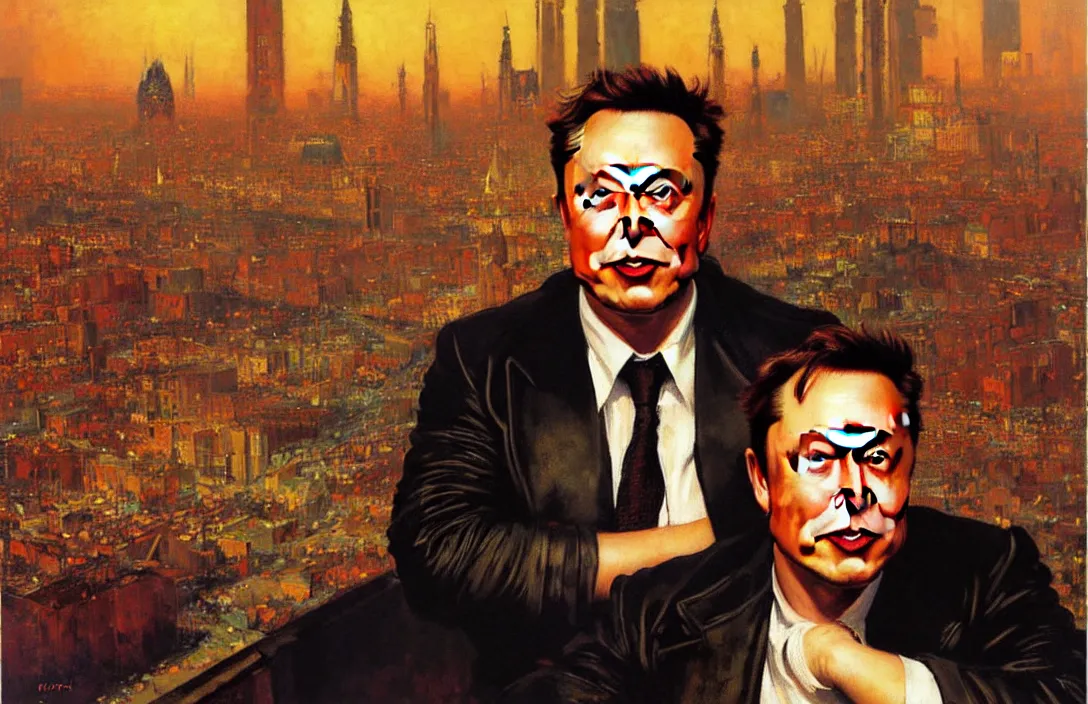 Image similar to portrait of elon musk!!!!!!!!!!!!!!!!!!!!!!!!!!!, detailed face, detailed painting, detailed city background, epic lighting, by ilya repin and phil hale