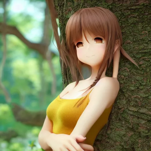 Prompt: Render of a very beautiful 3d anime girl, long hair, hazel eyes, cute freckles, full round face, short smile, cute sundress, golden hour, forest setting, medium shot, mid-shot, highly detailed, trending on Artstation, Unreal Engine 4k