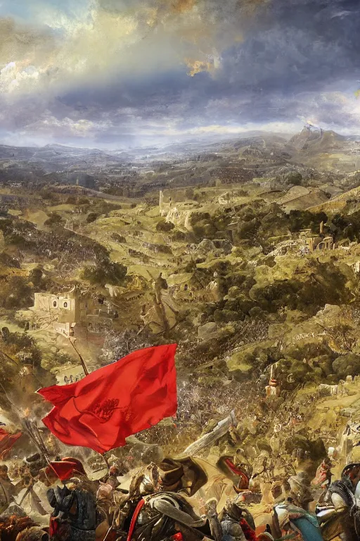 Prompt: An extremely beautiful wide view of a battlefield showing the Spanish empire overcoming the moors, re-conquest of Córdoba, Spanish flag, historical, regal, digital art painting, smooth, sharp focus, award winning picture, extremely detailed masterpiece, sense of awe, featured on Artstation, Artgerm, extremely detailed battlefield, hills background, atmospheric lightning, highly detailed illustration highlights, concept art, Exquisite matte painting, 8K detail post-processing