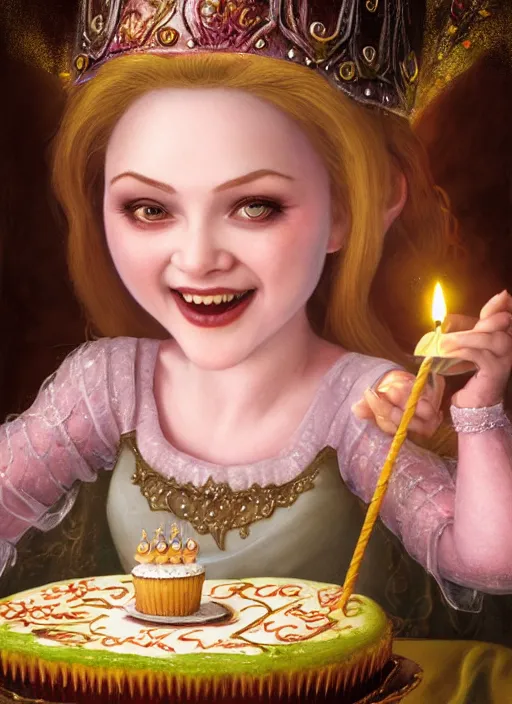 Image similar to highly detailed closeup portrait of a grinning irish fairytale medieval princess eating birthday cake, unreal engine, nicoletta ceccoli, mark ryden, lostfish, earl norem, global illumination, god rays, detailed and intricate environment