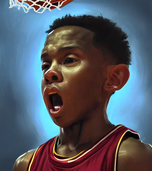 Image similar to portrait of a boy at a basketball court playing basketball wearing a basketball jersey in a basketball court standing near the basketball hoop, intense emotion, detailed facial expression, detailed surroundings, intricate, elegant, highly detailed, centered, digital painting, artstation, concept art, smooth, sharp focus, illustration, by (Leonardo da Vinci), WLOP