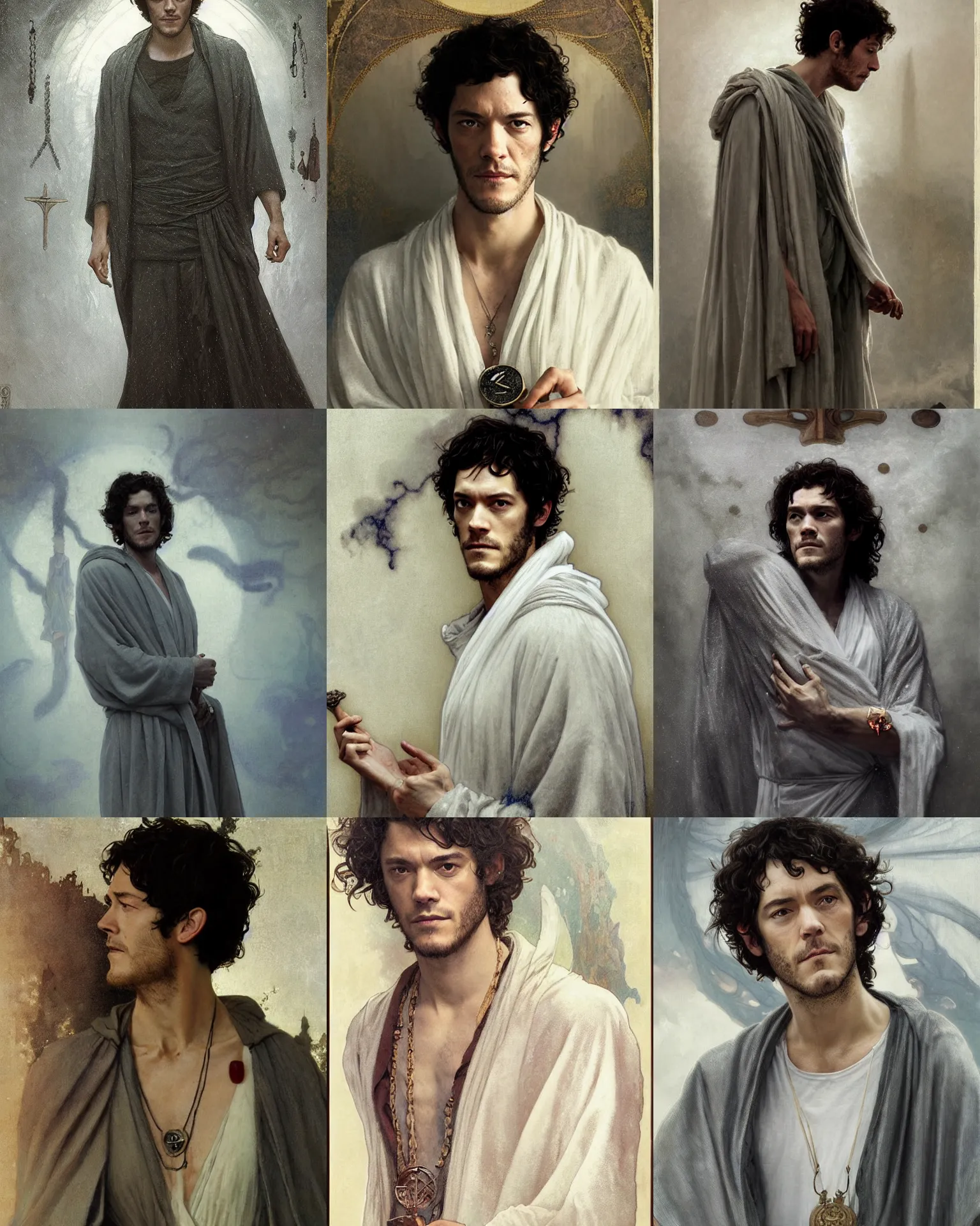 Prompt: portrait of adam brody in gray robes and, runes, jewelry, mystical, ethereal, magical white fog, painting by greg rutkowski and alphonse mucha