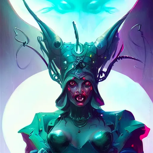 Image similar to a portrait of a beautiful demonic cybernetic queen of hell, cyberpunk concept art by pete mohrbacher and wlop and artgerm and josan gonzales, digital art, highly detailed, intricate, sci-fi, sharp focus, Trending on Artstation HQ, deviantart, unreal engine 5, 4K UHD image