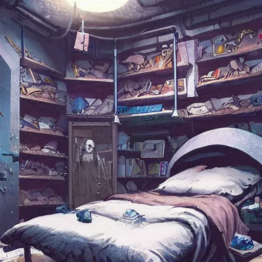 Image similar to detailed room in the sewer lair The room is a clean and delicate room ,over the bed there is a sword rack ,everything is neat ,stack of comics on the floor,soft,light,bright,epic,awesome,digital art, by Simon beak and Greg rutkowski and rossdraws