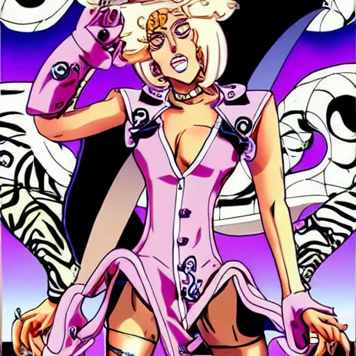 Image similar to Lady Gaga in the style of Jojo’s Bizarre Adventure manga style, jojo cover art, Jojolion art style, Steel Ball Run art style, Illustrated by Hirohiko Araki