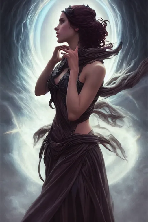 Image similar to seductive looking sorceress prays!!! magic the gathering, windy hair!, surreal dark fantasy, cinematic volumetric lights, portrait, dnd, intricate, elegant, highly detailed, digital painting, artstation, concept art, smooth, sharp focus, illustration, art by artgerm and tom bagshaw and greg rutkowski and alphonse mucha
