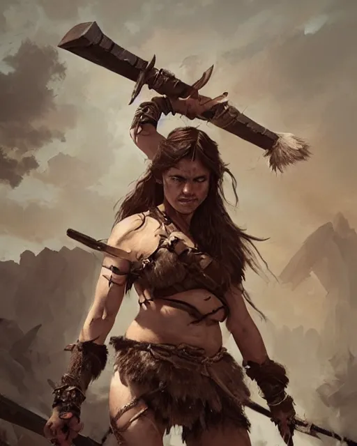 Image similar to hyper realistic photo of barbarian warrior girl, full body, cinematic, artstation, cgsociety, greg rutkowski, james gurney, mignola