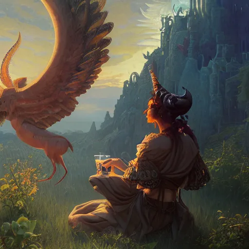 Image similar to highly detailed painting of baphomet drinking beer, unreal engine, fantasy art by greg rutkowski, loish, rhads, ferdinand knab, makoto shinkai and lois van baarle, ilya kuvshinov, rossdraws, tom bagshaw, alphonse mucha, global illumination, radiant light, detailed and intricate environment