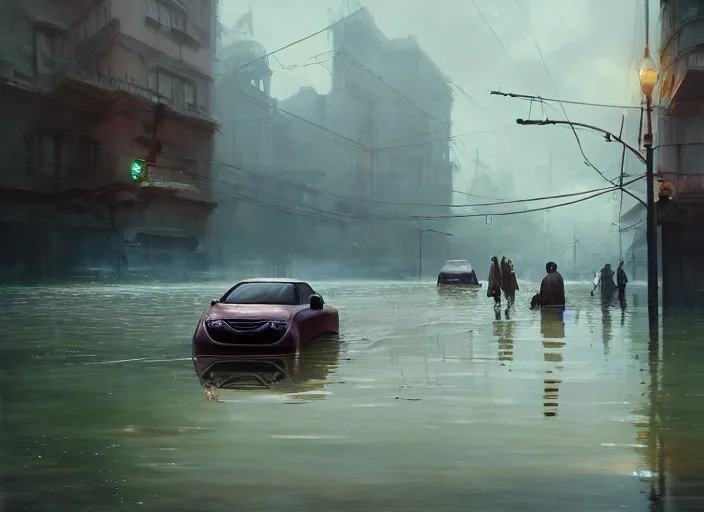 Image similar to a car driving through shallow water, flooded city, people walking through shallow water, muted colors, hyperrealistic, oil painting, intricate, cgsociety, artstation, 8 k, cinematic, soft lighting, by greg rutkowski, by wlop, by artgerm