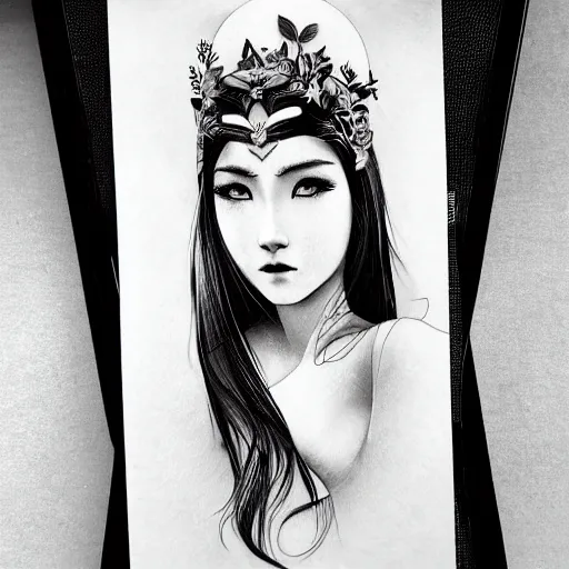 Image similar to tattoo design, stencil, beautiful young female, long dark hair, symmetrical facial features, Japanese, partially clothed in robe, by William-Adolphe Bouguerea and artgerm