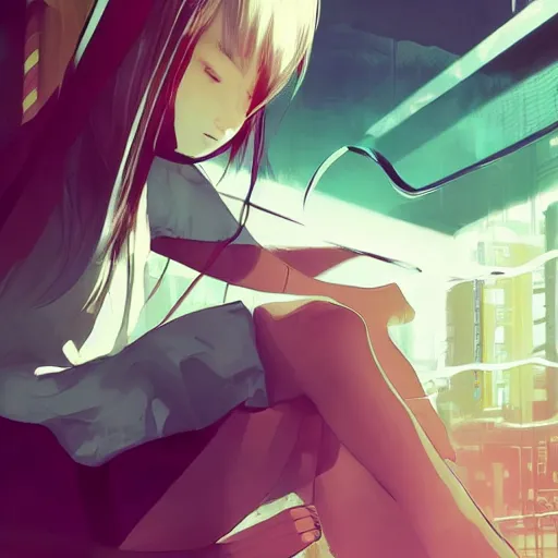 Image similar to Frequency indie album cover, luxury advertisement, white, indigo and teal colors. highly detailed post-cyberpunk sci-fi close-up schoolgirl in asian city in style of cytus and deemo, mysterious vibes, by Ilya Kuvshinov, by Greg Tocchini, nier:automata, set in half-life 2, beautiful with eerie vibes, very inspirational, very stylish, with gradients, surrealistic, postapocalyptic vibes, depth of filed, mist, rich cinematic atmosphere, perfect digital art, mystical journey in strange world, bastion game, arthouse