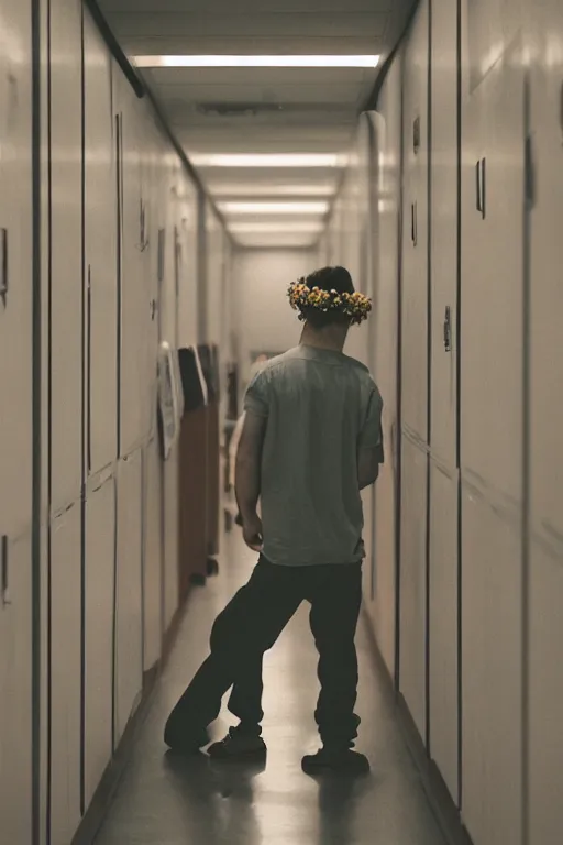 Image similar to kodak portra 4 0 0 photograph of a guy wearing a flower crown in a empty school hallway lined with lockers, back view, lens flare, moody lighting, moody vibe, telephoto, 9 0 s vibe, blurry background, grain, tranquil, calm, faded!,