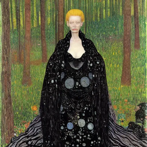 Image similar to Tilda Swinton with beautiful clear defined face and body as a gothic victorian woman clothed in black dress and veil standing in front of a lake near an ominous forest. Junji Ito, Gustav Klimt, Edvard Munch, shallow focus