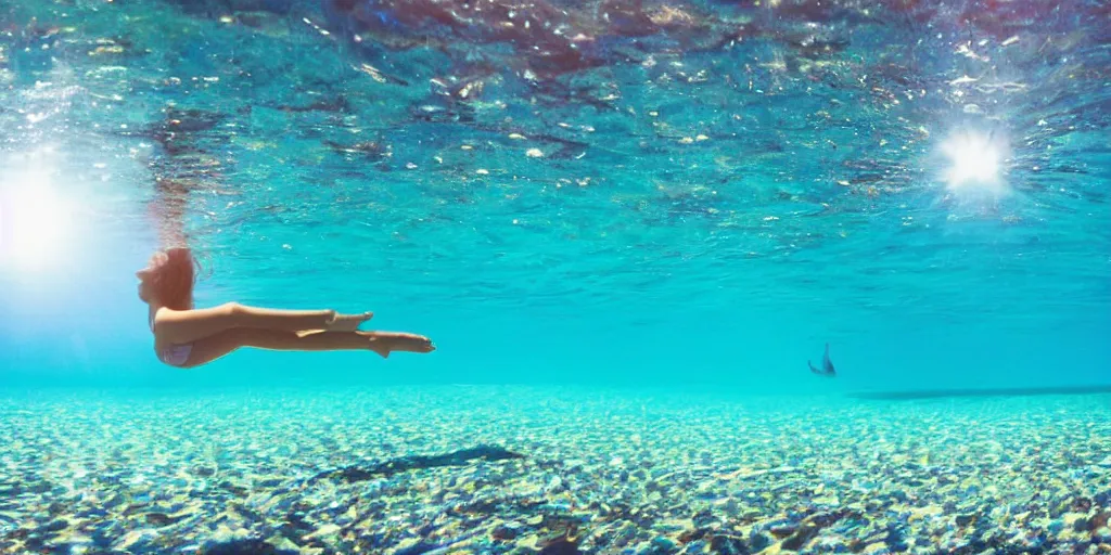 Prompt: wide angle view, looking up, beautiful woman of color swimming in ocean , boat, sun rays ,caustics , 35mm film , cinematic, underwater photography