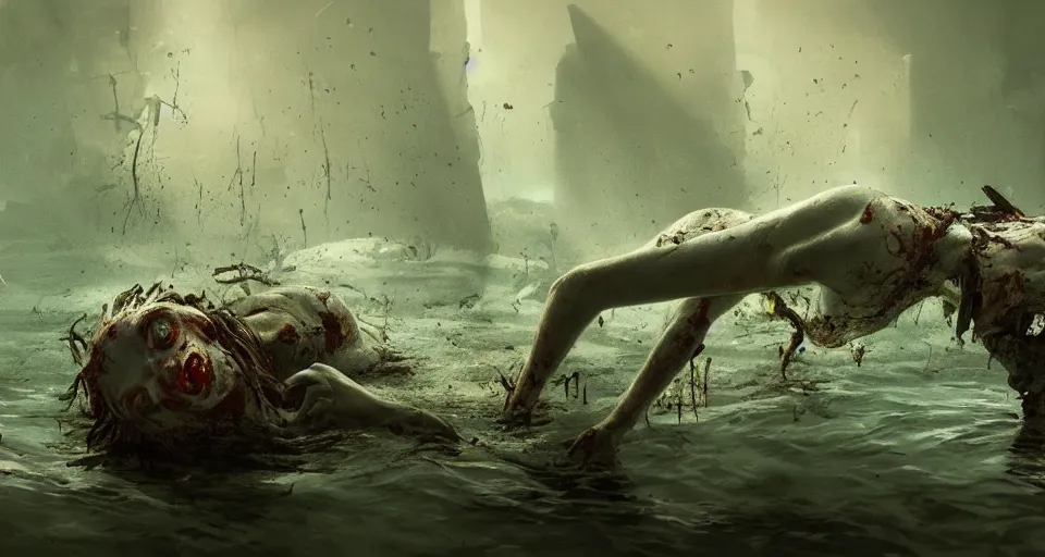 Prompt: a zombie swimming underwater in a zombie - apocalypse, by greg rutkowski, octane render