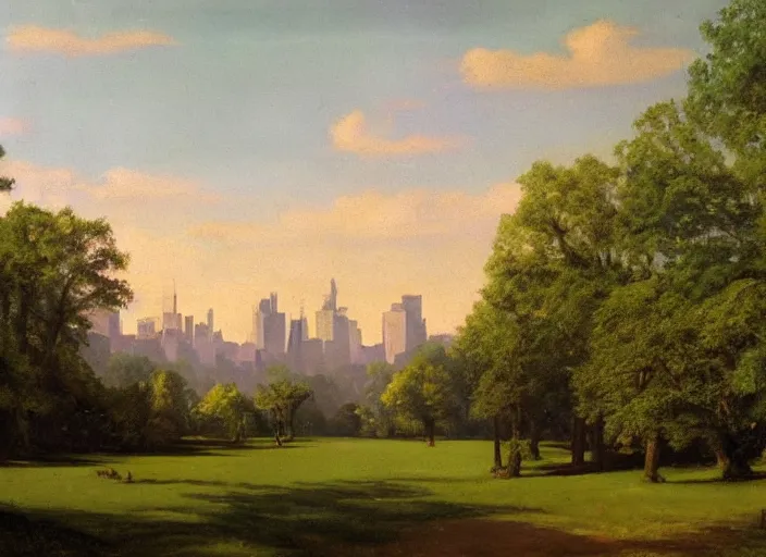 Prompt: central park, new york in 1 9 3 0 in the style of hudson river school of art, oil on canvas